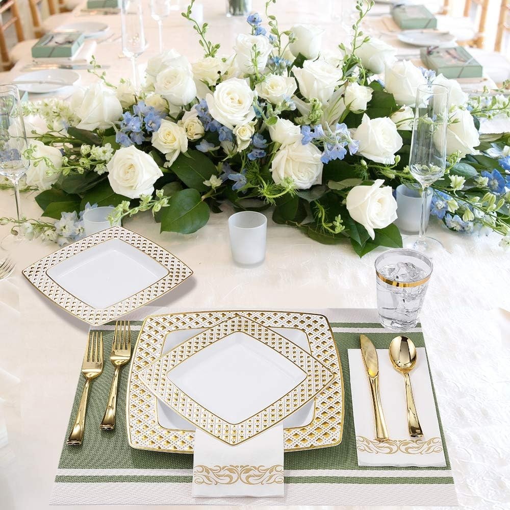 175 Ct Gold Dinnerware Set for 25 Guests – Square Plastic Plates with Diamond Ri