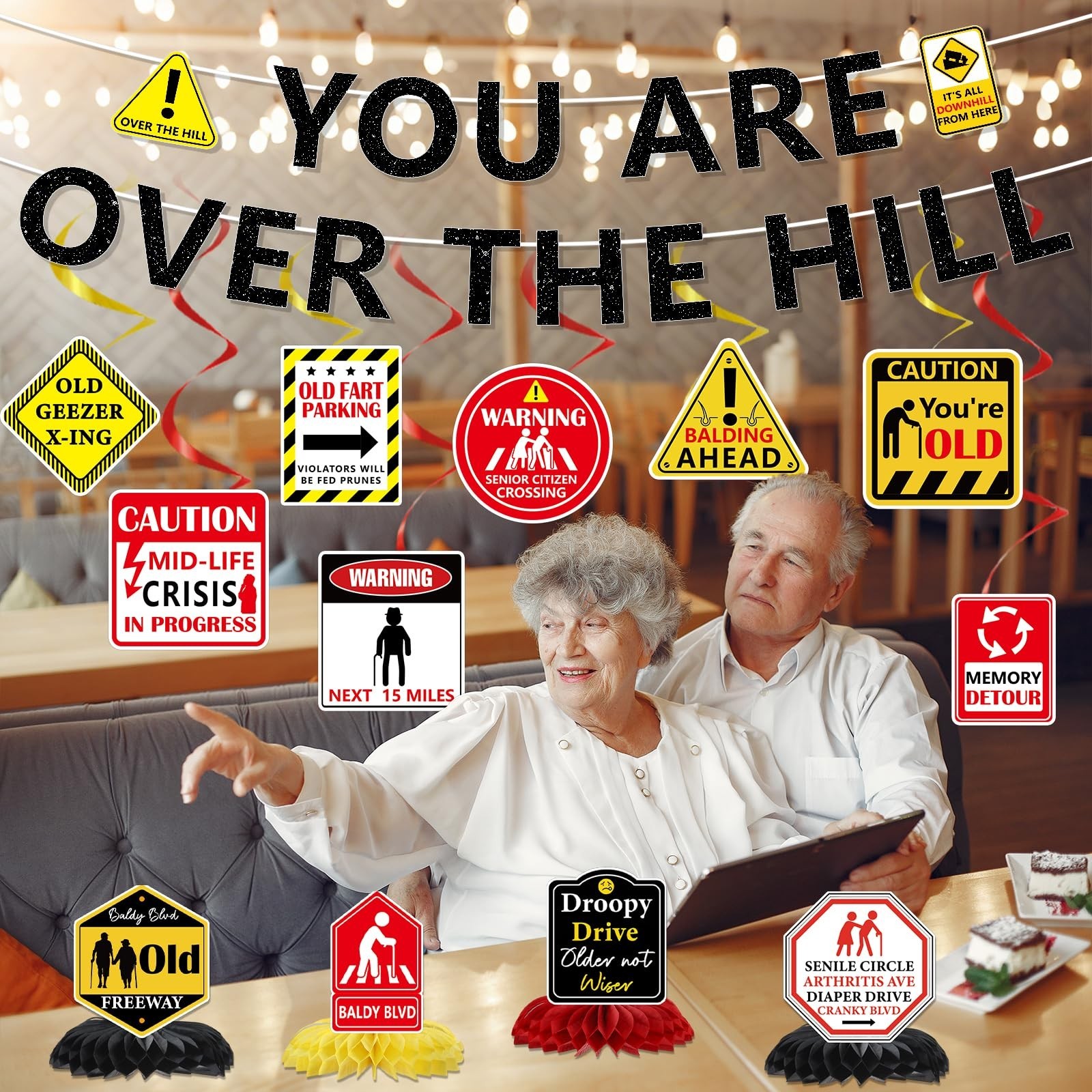 Over The Hill Birthday Decorations Set – 14 Pcs Banners & Swirls for 50th Party