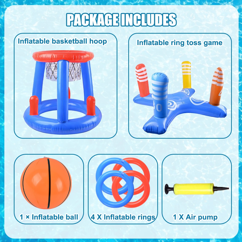 Inflatable Floating Swimming Pool Game Family Basketball Hoop Ring Toss Toys Set
