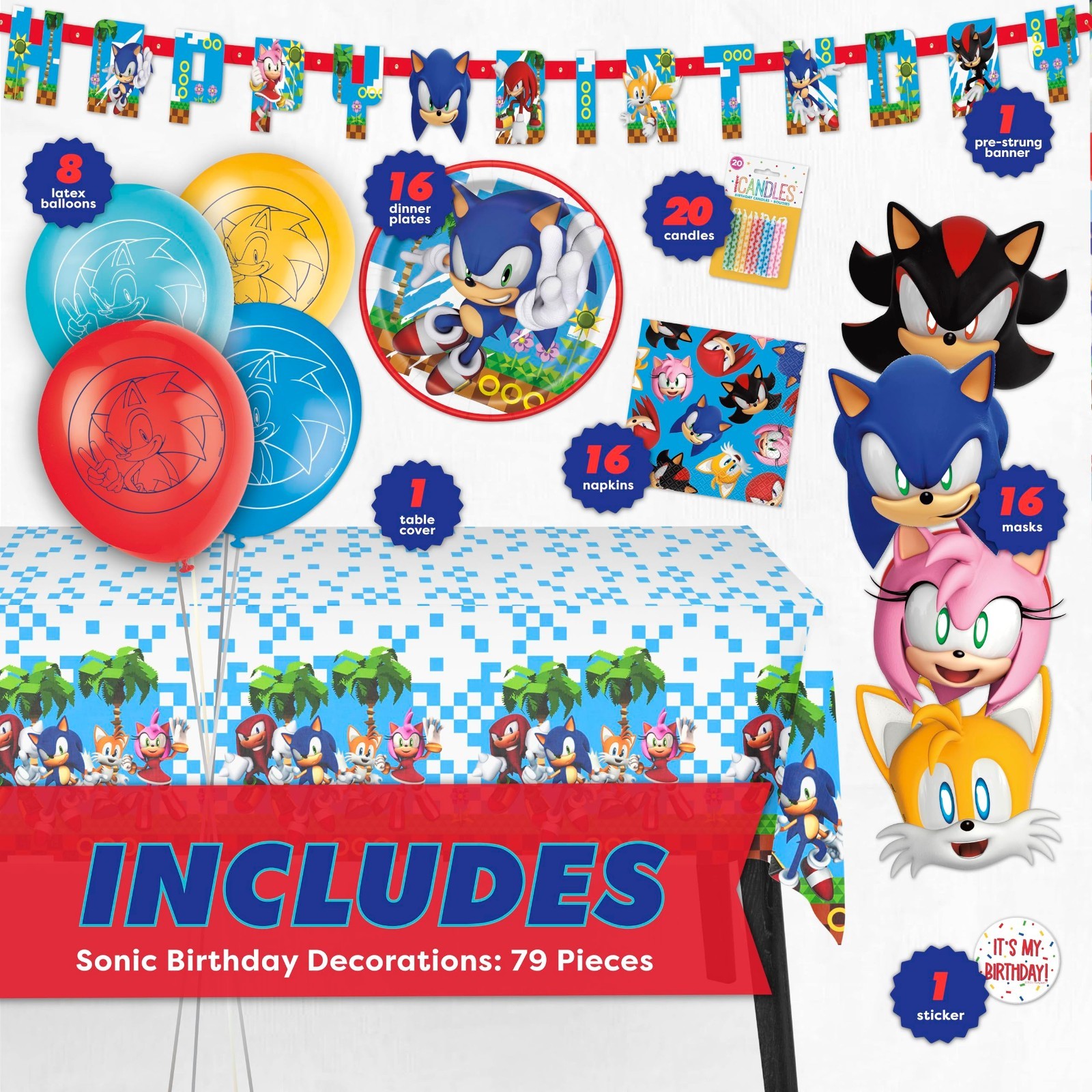 Sonic Birthday Party Supplies for 16 Guests | Balloons, Masks, Banner, Plates &