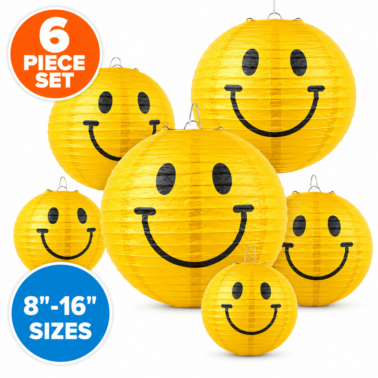 Yellow Smile Happy Face Paper Lanterns 6 Pc 8-16 In Retro Party Hanging Decor