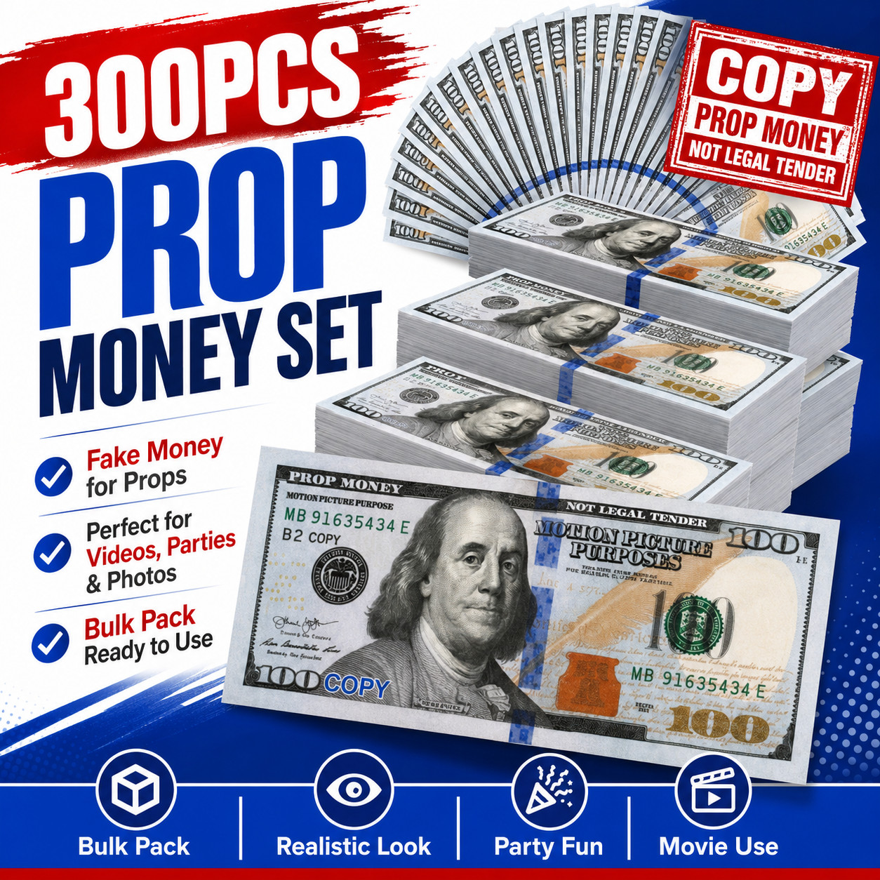 $100 Dollar Bills Prop Motion Picture Money $30,000 Total Fake Cash Movie Props