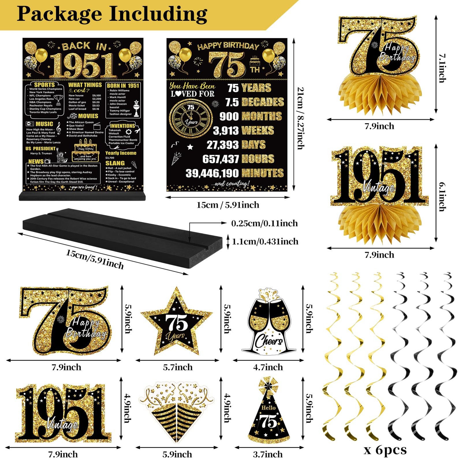 75th Birthday Decorations Kit for Men Women, Black Gold 24PCS Back in 1950