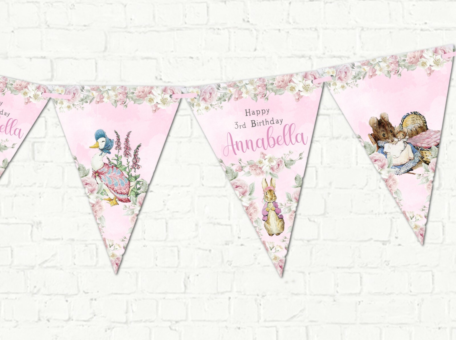 Personalised Pink Beatrix Potter Flopsy Bunny Peter Rabbit Bunting -Any Occasion