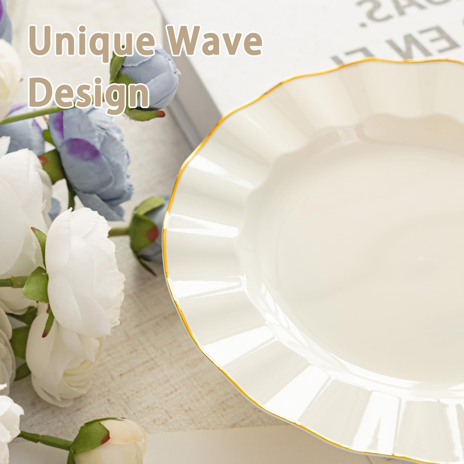100 Pack Ivory Plastic Plates with Gold Rim, 7in Disposable Wave Edge Dessert…