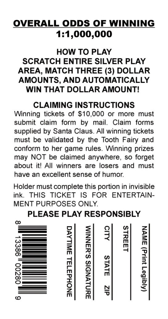 Fake Lottery Tickets 6 Assorted Designs Free Shipping GAG GIFT PRANK
