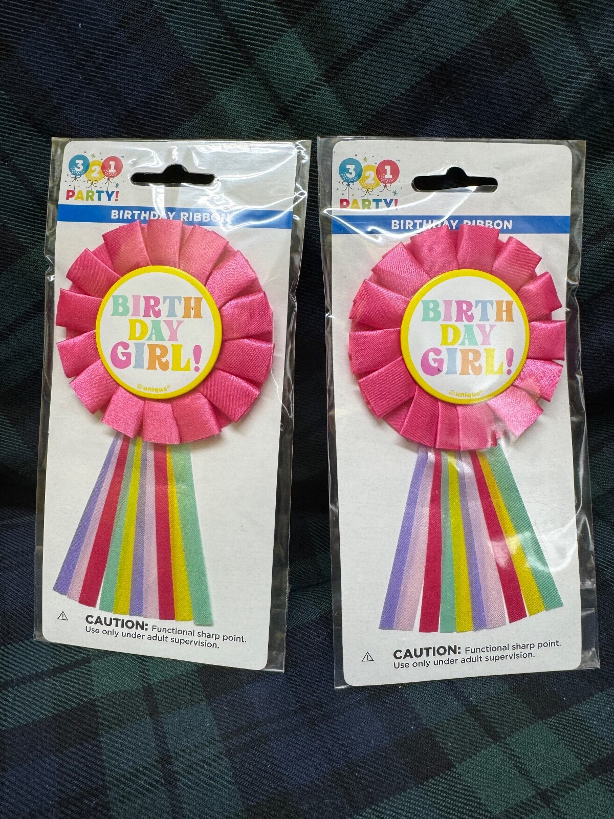 2 – 321 Party! Multicolor Birthday Ribbon Girl Pink Badge
