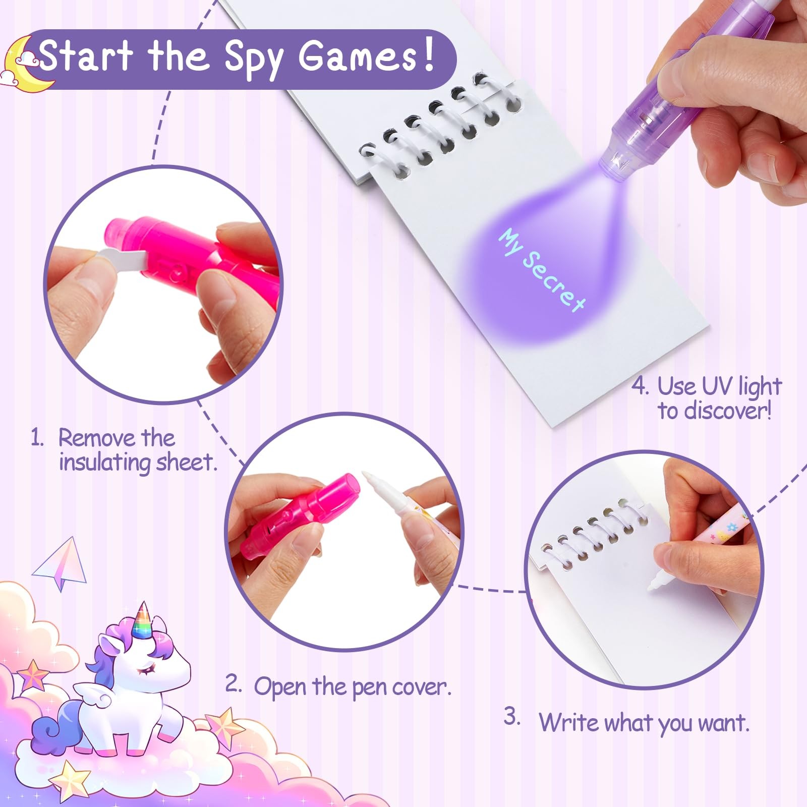 Invisible Ink Pen and Notebook Pack, 24 Pcs Unicorn Party Favors, Spy Pens wi…