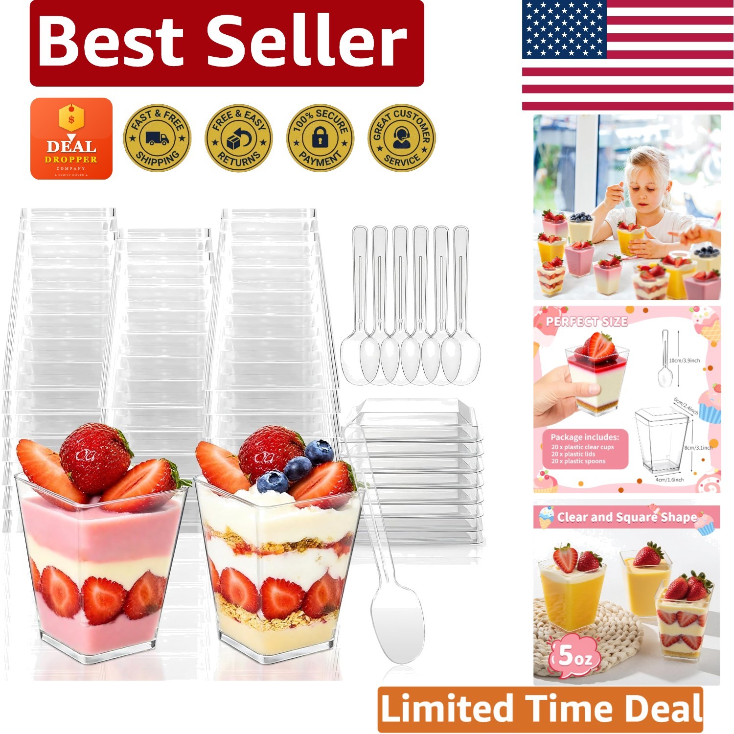 20 Count 5 oz Clear Plastic Dessert Cups with Lids & Spoons for Elegant Parties