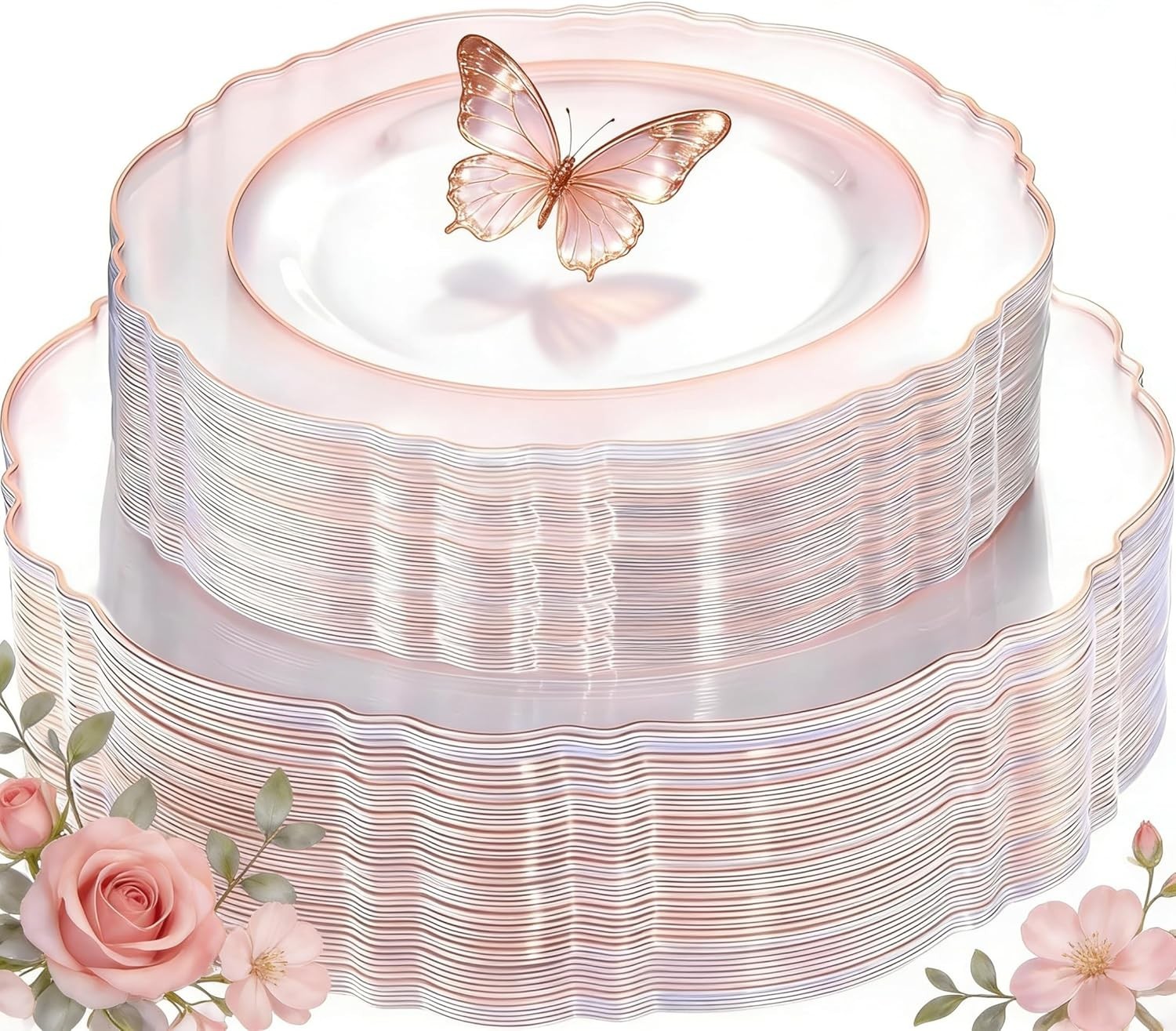 100pcs Rose Gold Plates Plastic Disposable – Baroque Clear and Rose Gold Plat…