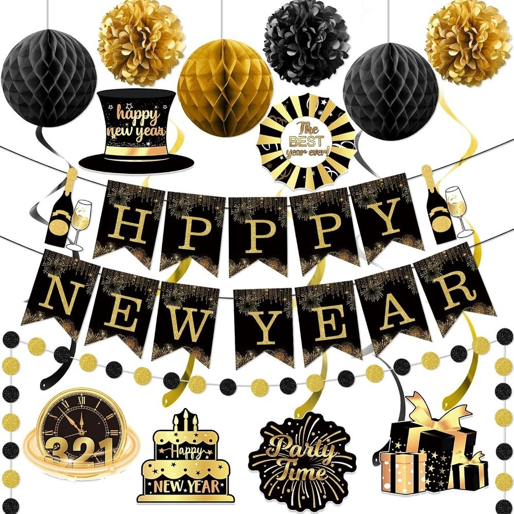 Happy New Year Banner: New Years Decorations Gold Black Paper Flag Bunting Swirl