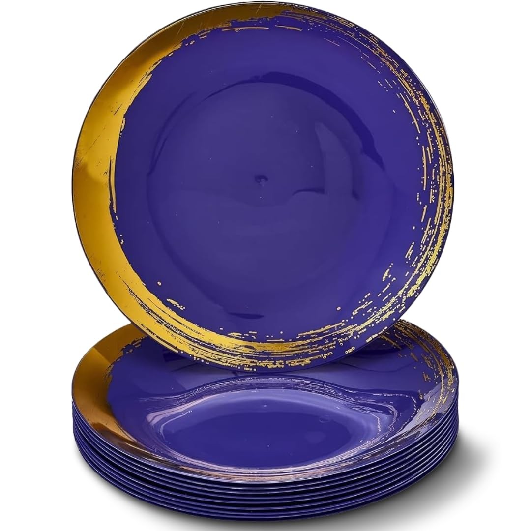 Elegant Blue Disposable Plastic Dinner Plates with Brushed Gold Rim – 10.25″ …