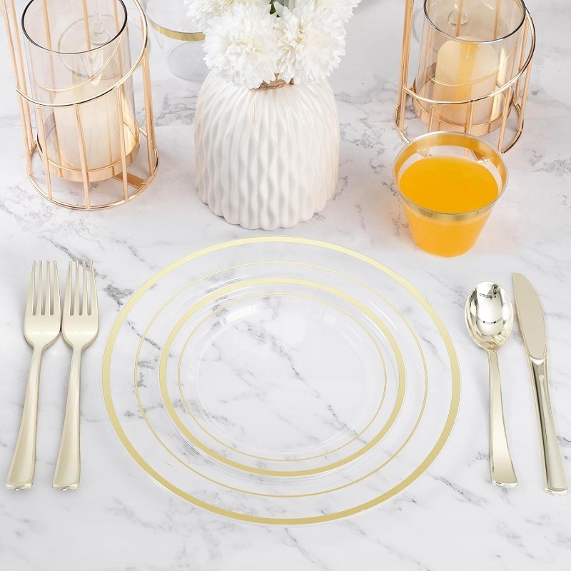 Clear Gold Plastic Plate Set (100 Guests), Plastic Plate