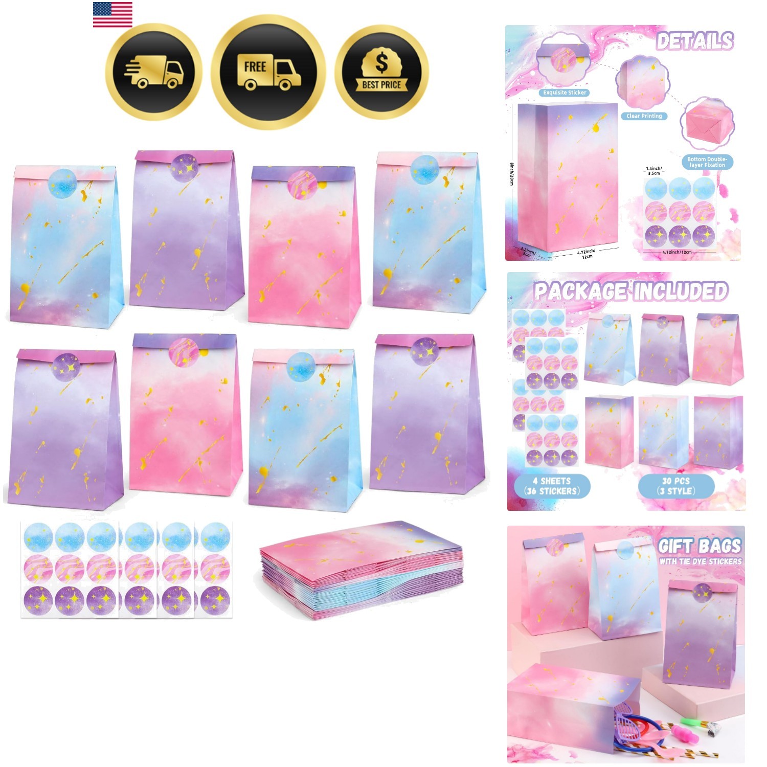 Colorful Tie Dye Party Bags (30 Count) with Stickers – Ideal for Any Occasion