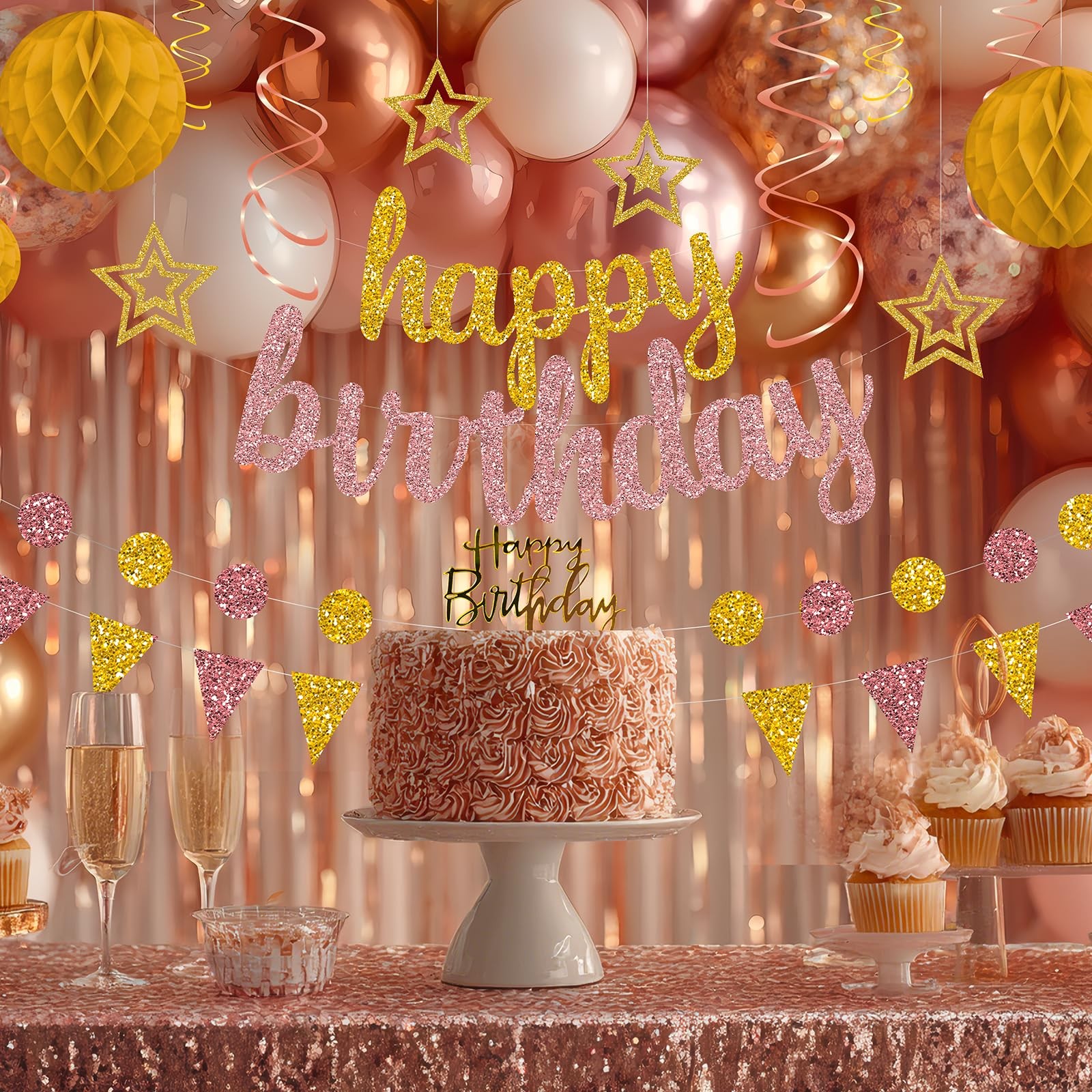 Rose Gold and Gold Birthday Party Decorations Set – Happy Birthday Banner Bal…
