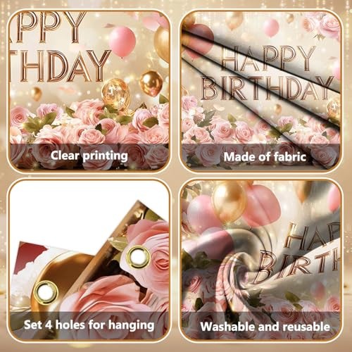 Rose Gold Happy Birthday Backdrop Banner for Women | Pink Floral Happy 6×3.6ft