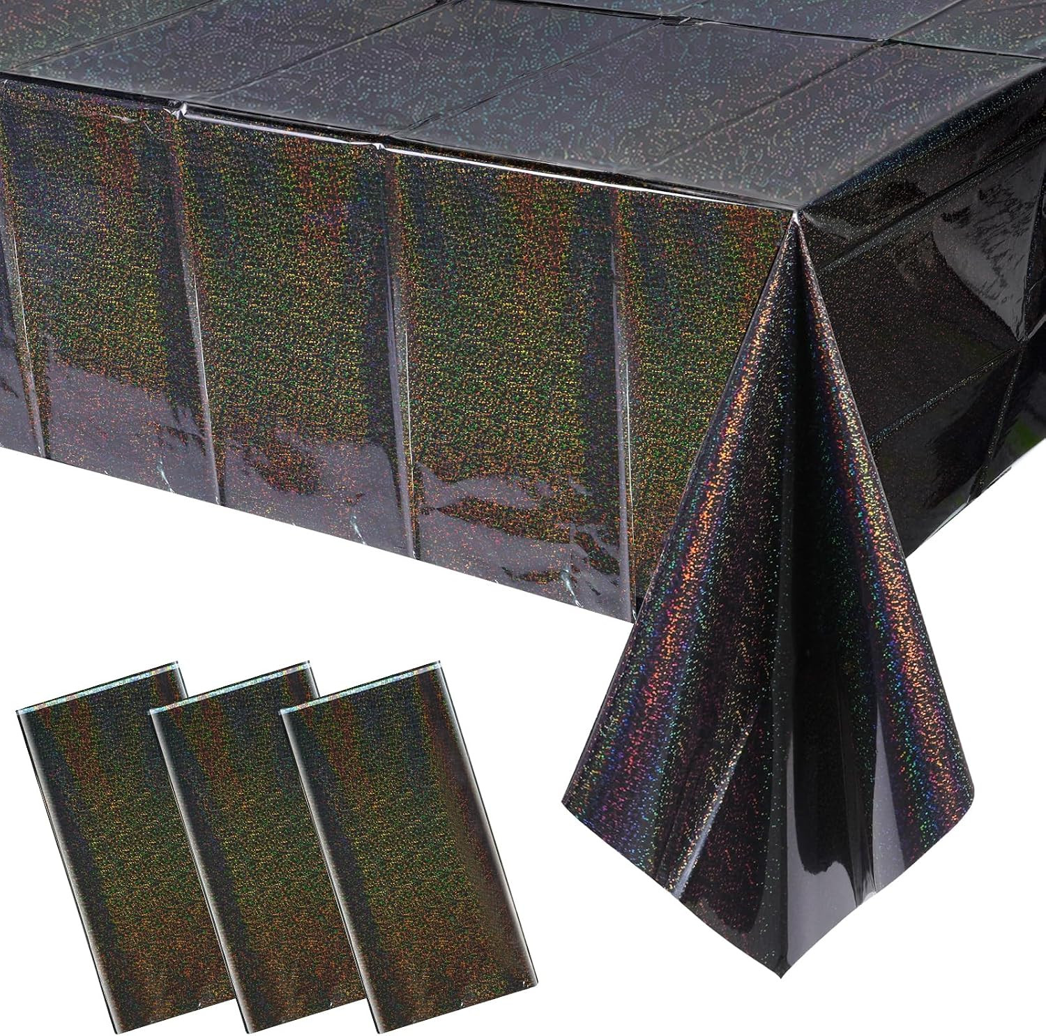 3 Pack Iridescent Black Plastic Tablecloths, Shiny Disposable Laser Rectangle Ta