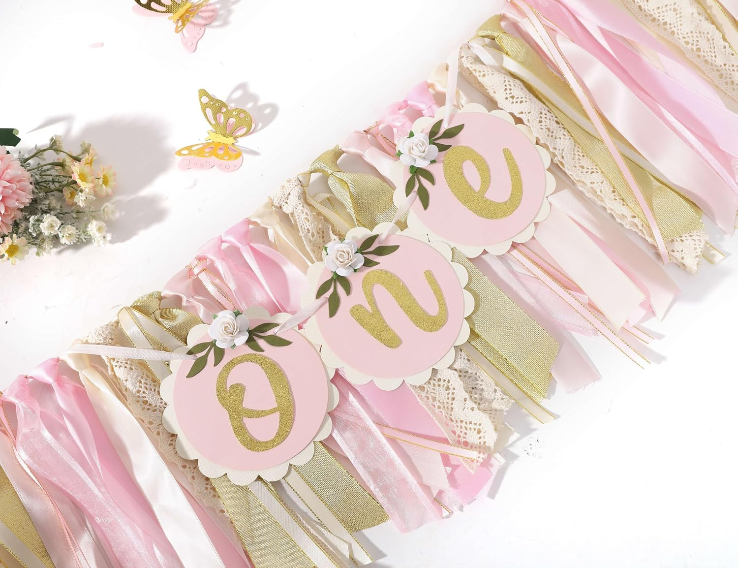 Pink Golden Floral High Chair Banner – Rose 1St Birthday Highchair Banner, Girls