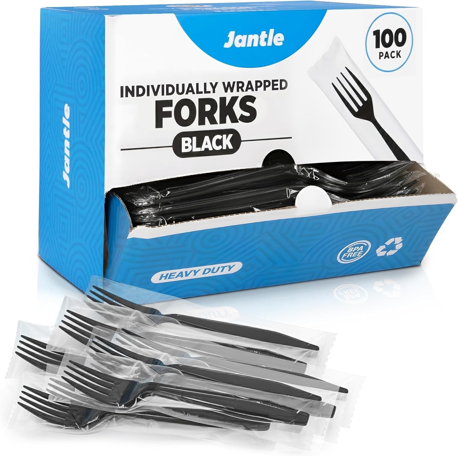 Individually Wrapped Heavy Duty Plastic Forks with Dispenser Box Black