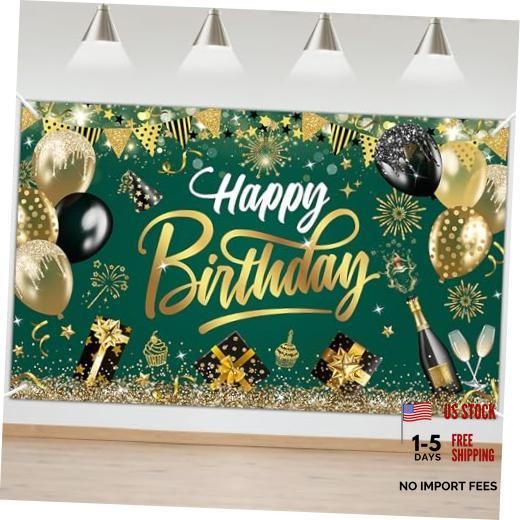 Birthday Banner Gold Glitter Balloons Birthday Banner Party 6×3.6ft Green