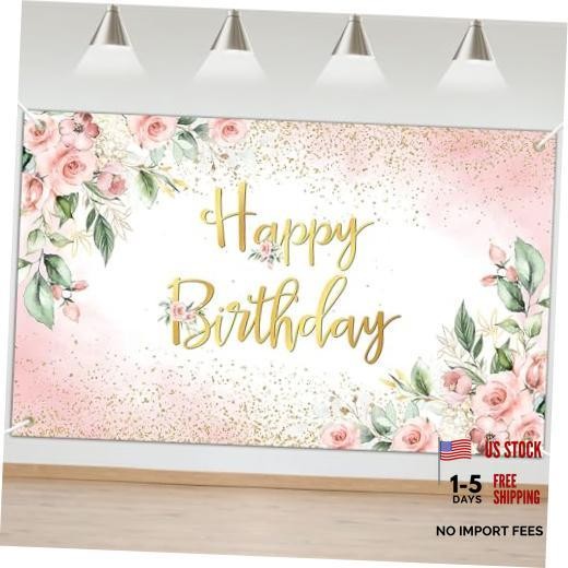 Rose Gold Birthday Backdrop for Women Pink Floral Golden Flash Happy 6×3.6ft