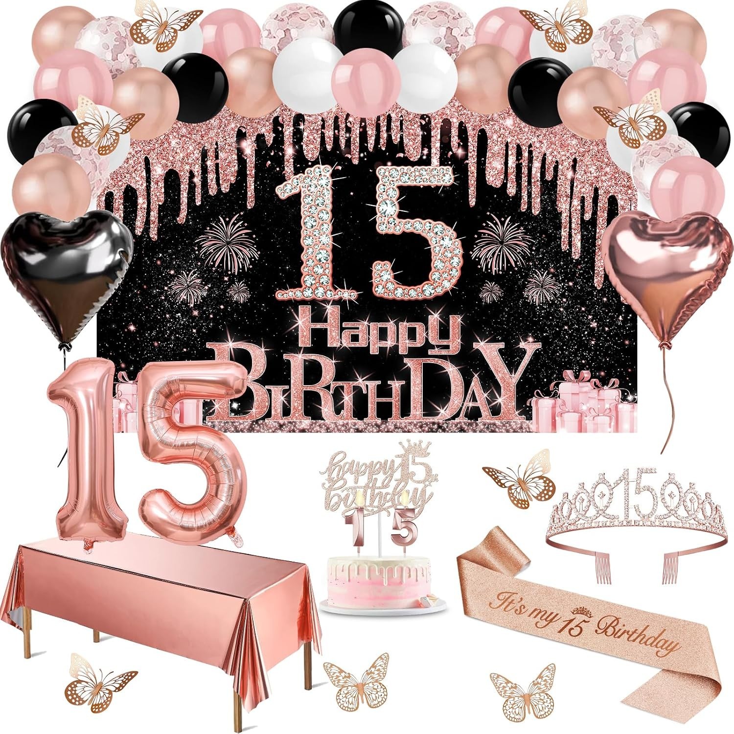 15th Birthday Decorations for Girls, 49pcs Black Rose Gold Black Banner, Tabl…