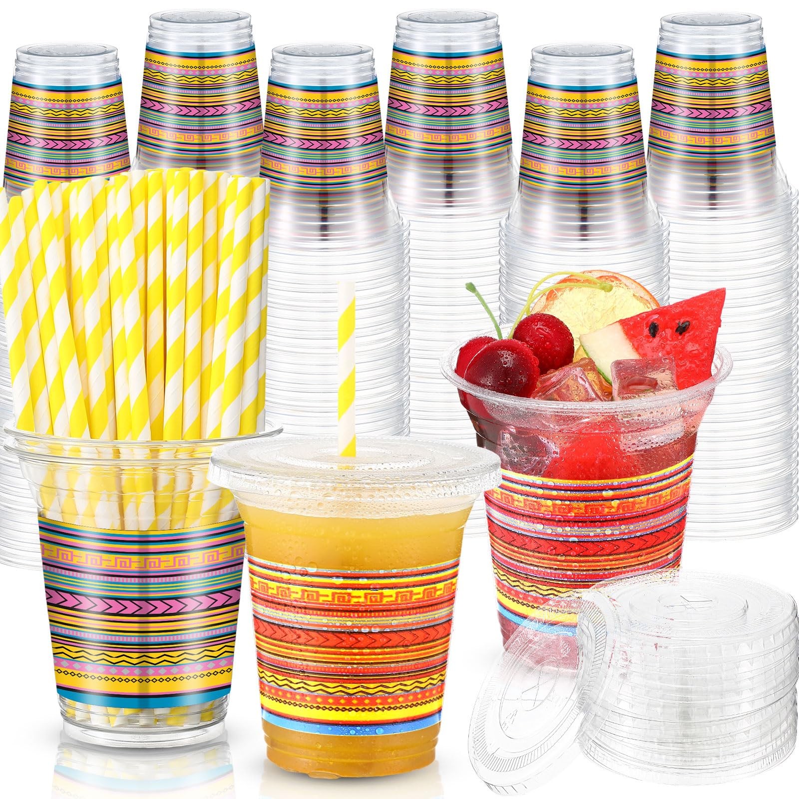 100 Pack 12 oz Fiesta Plastic Cups with Lids and Paper Straws Mexican Clear D…