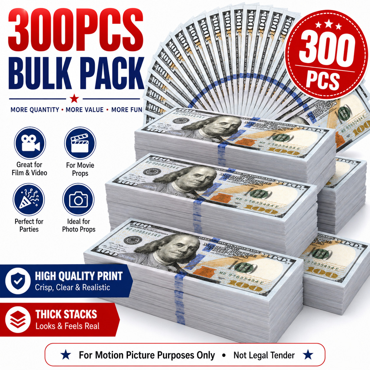 $100 Bills (300pack) Prop Replica Money for Movies, Parties, TikTok & Instagram!