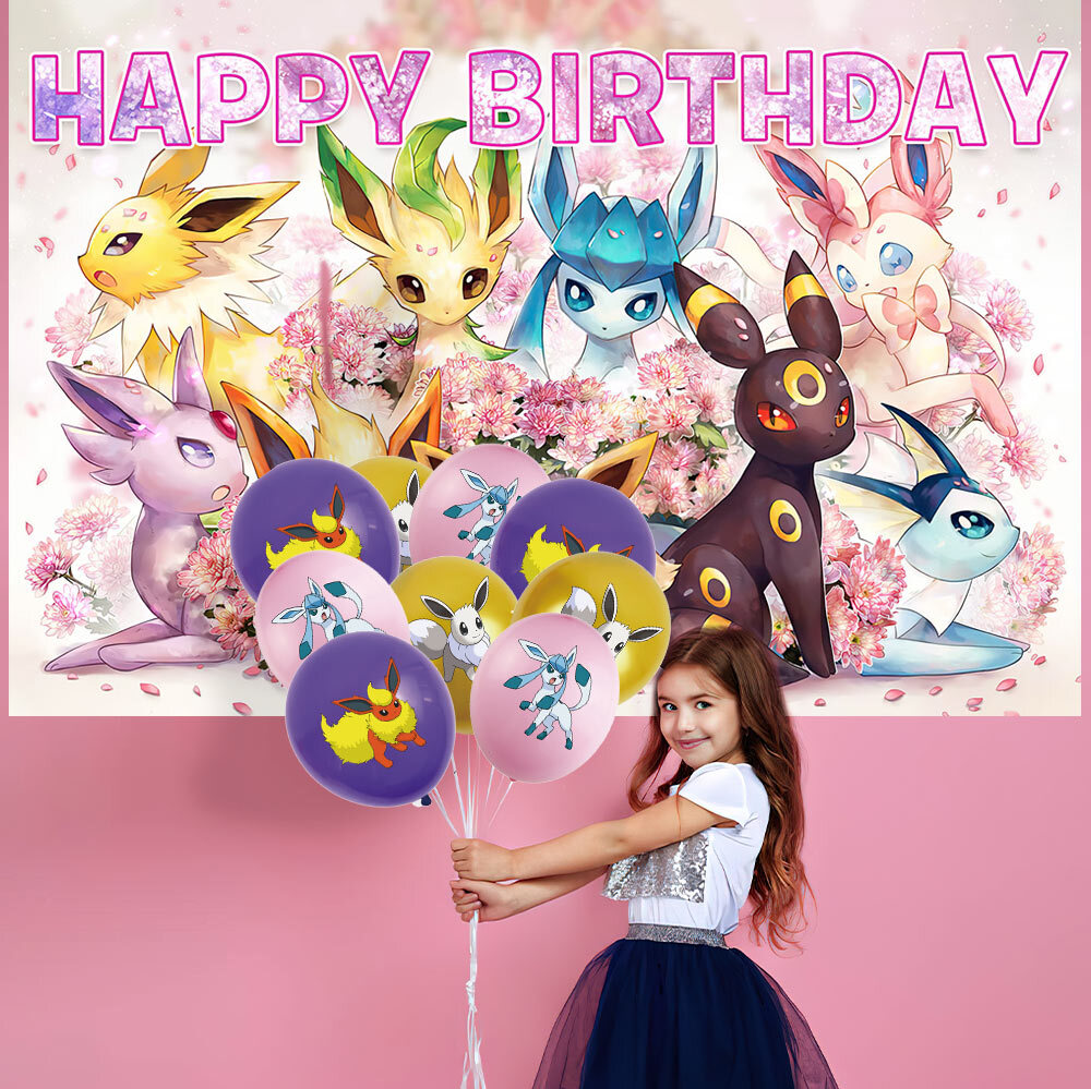 Eevee Happy Birthday Party Supplies Plates Balloon Cake Toppers Banner 5x3ft