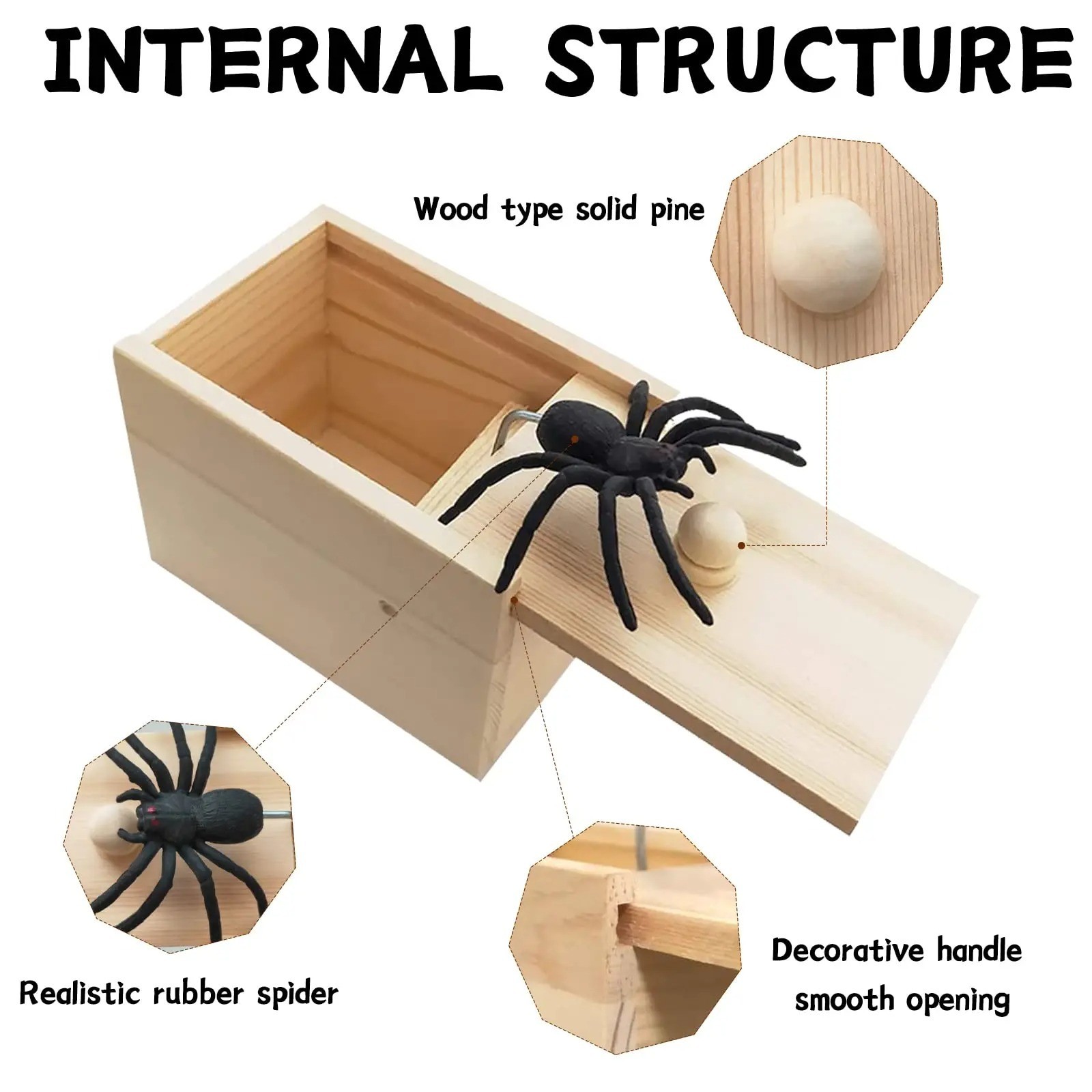 Wooden Prank Spider Scare Box Hidden in Case Trick Play Joke Scarebox Gag Toy N
