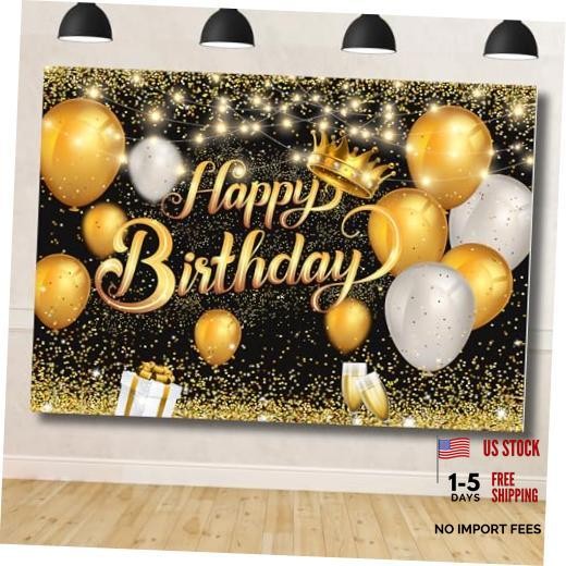 Happy Birthday Backdrop Black and Gold Sign Birthday Decorations 9x6FT black