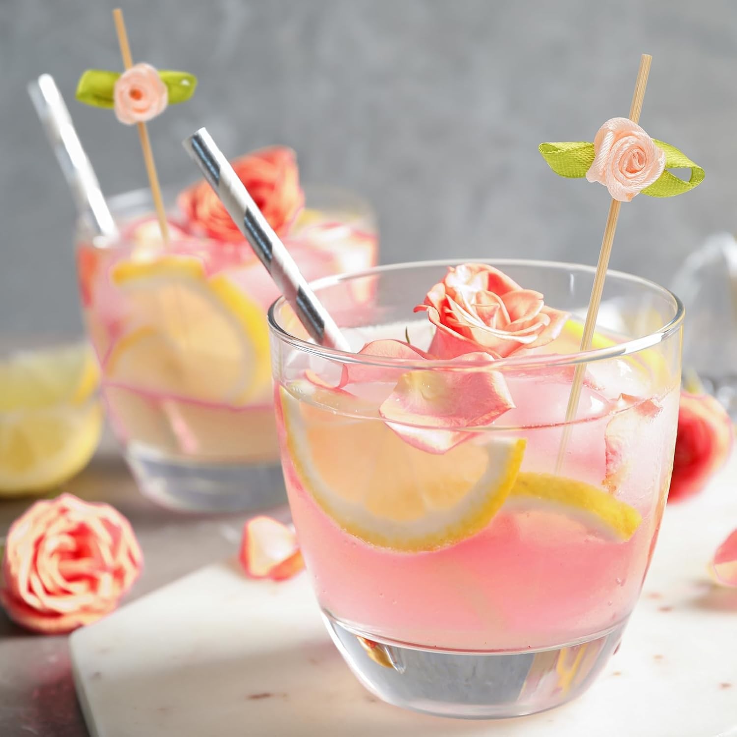 Pink Rose Flower Cocktail Picks, 4.7 Inch Long Bamboo Fancy Toothpicks for