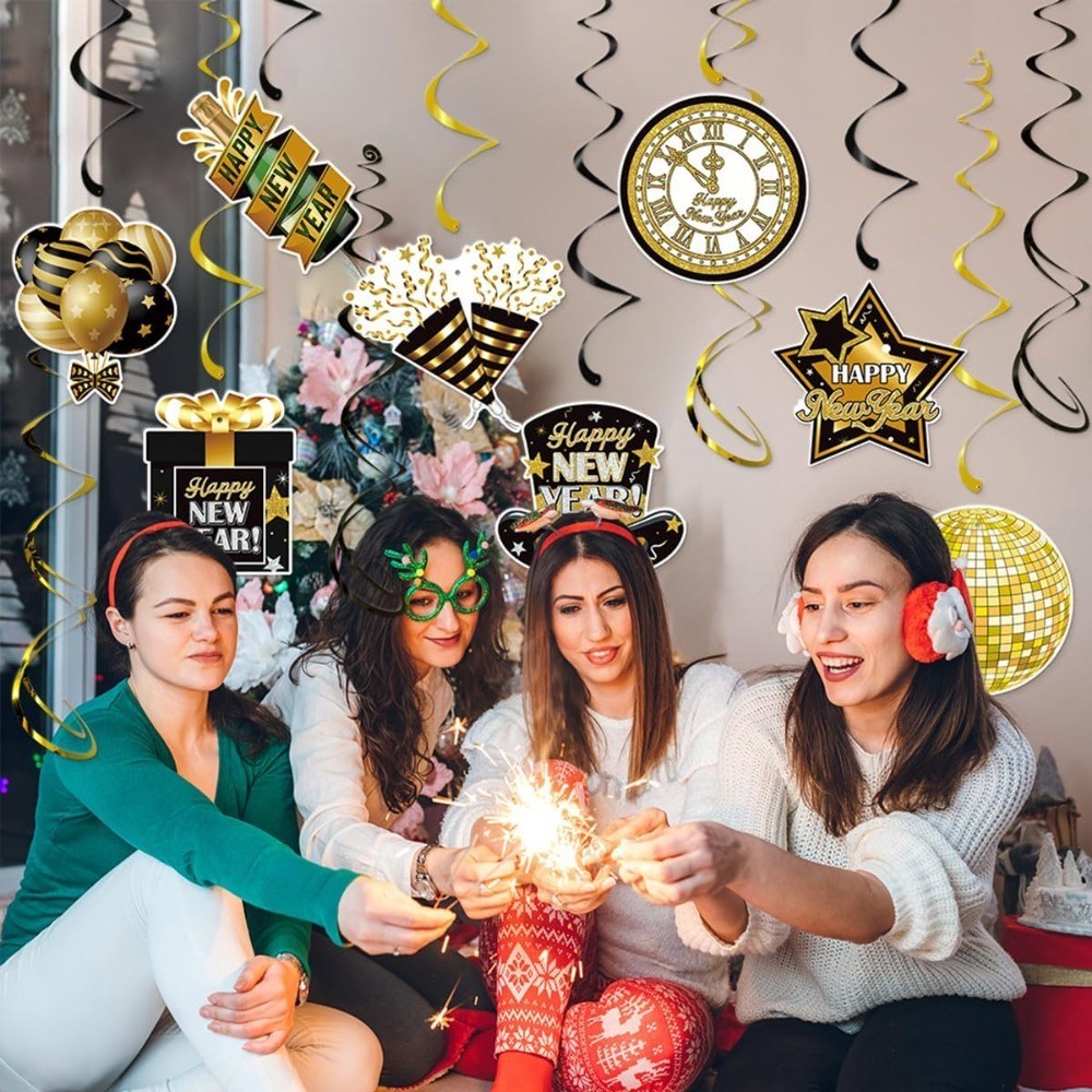 Happy New Year Hanging Swirls 2027 New Years Eve Party Black Gold Hanging