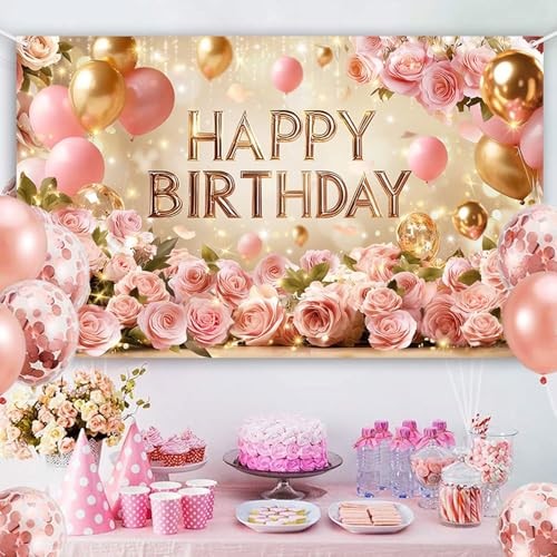 Rose Gold Happy Birthday Backdrop Banner for Women | Pink Floral Happy 6×3.6ft