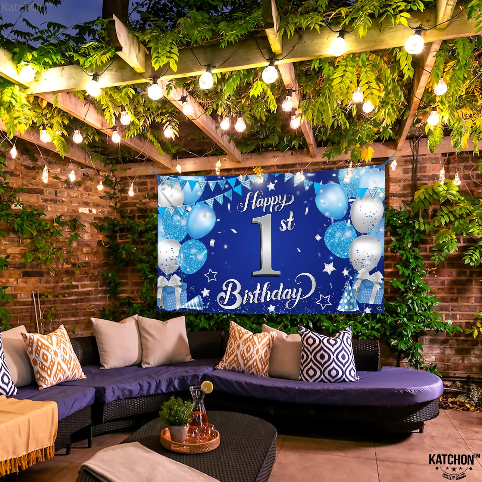 Happy 1st Birthday Banner Boy – 72×44 Inch, Xtralarge | Blue and Silver 1st Bir