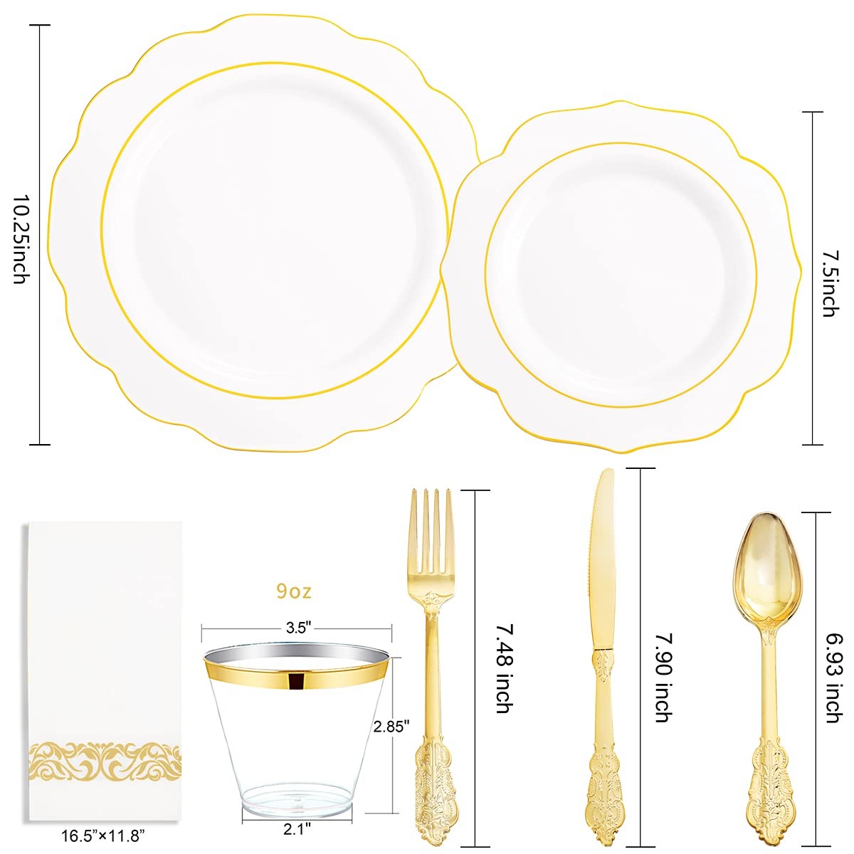 175PCS Gold Plastic Plates with Disposable Silverware – White Gold Plastic Ta…