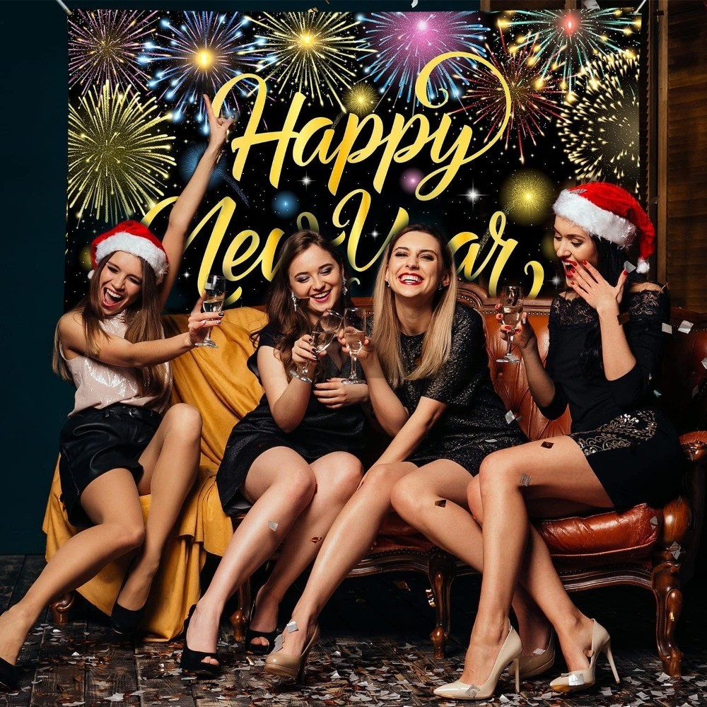 Happy New Year Banner Colorful Firework New Years Backdrop for 2026 Party