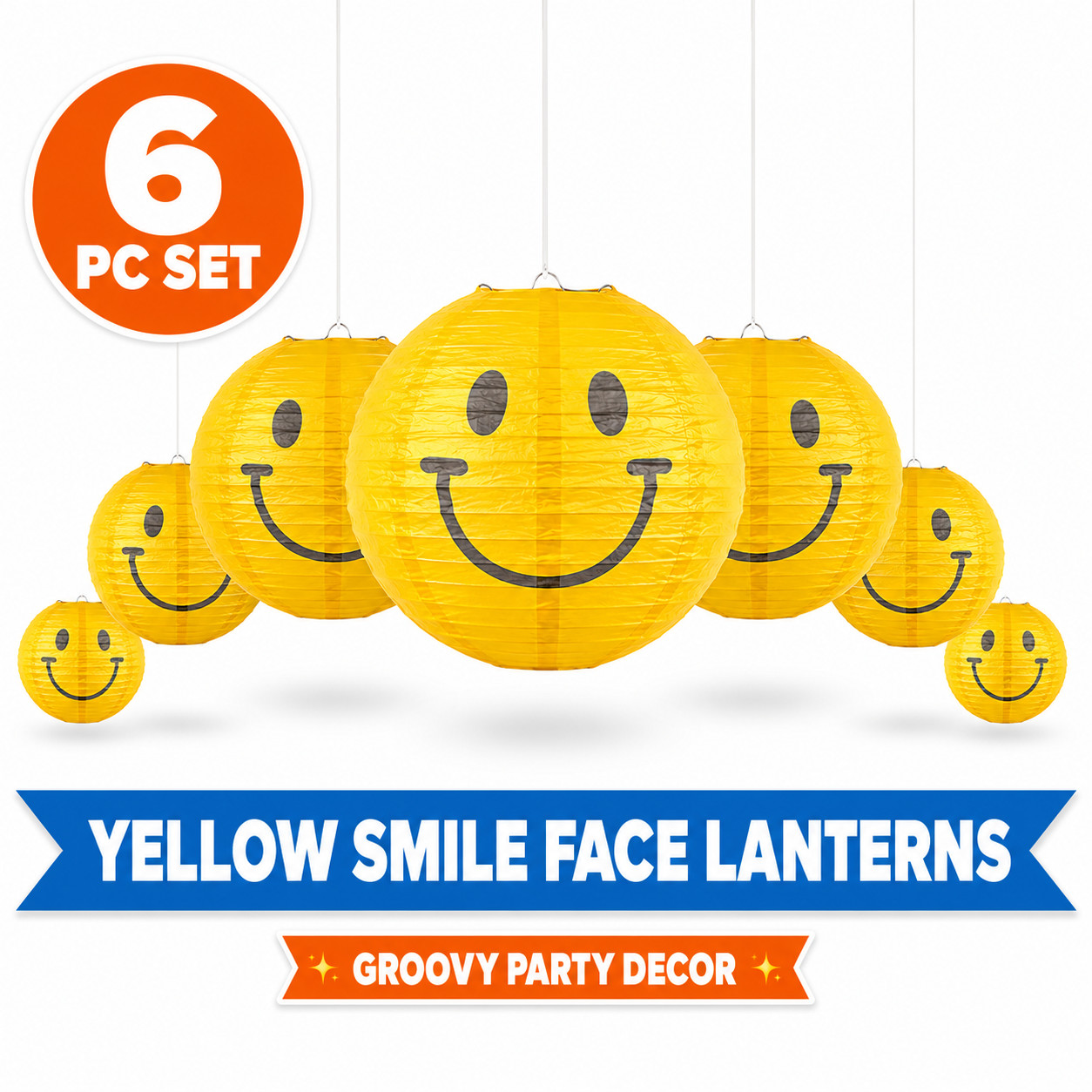 Yellow Smile Happy Face Paper Lanterns 6 Pc 8-16 In Retro Party Hanging Decor