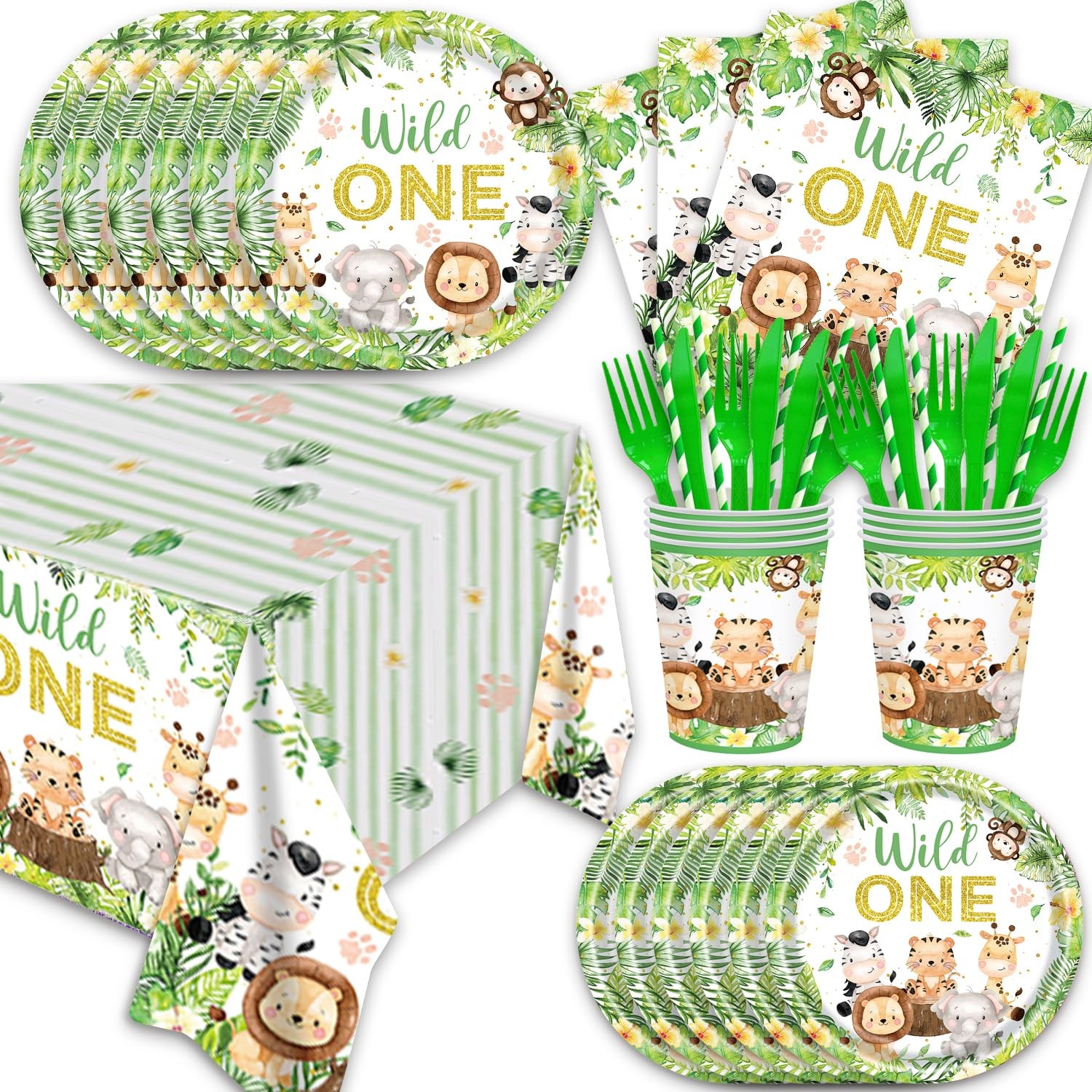 141Pcs Wild Safari Jungle Animal Baby Shower Party Supplies Disposable Tablew…