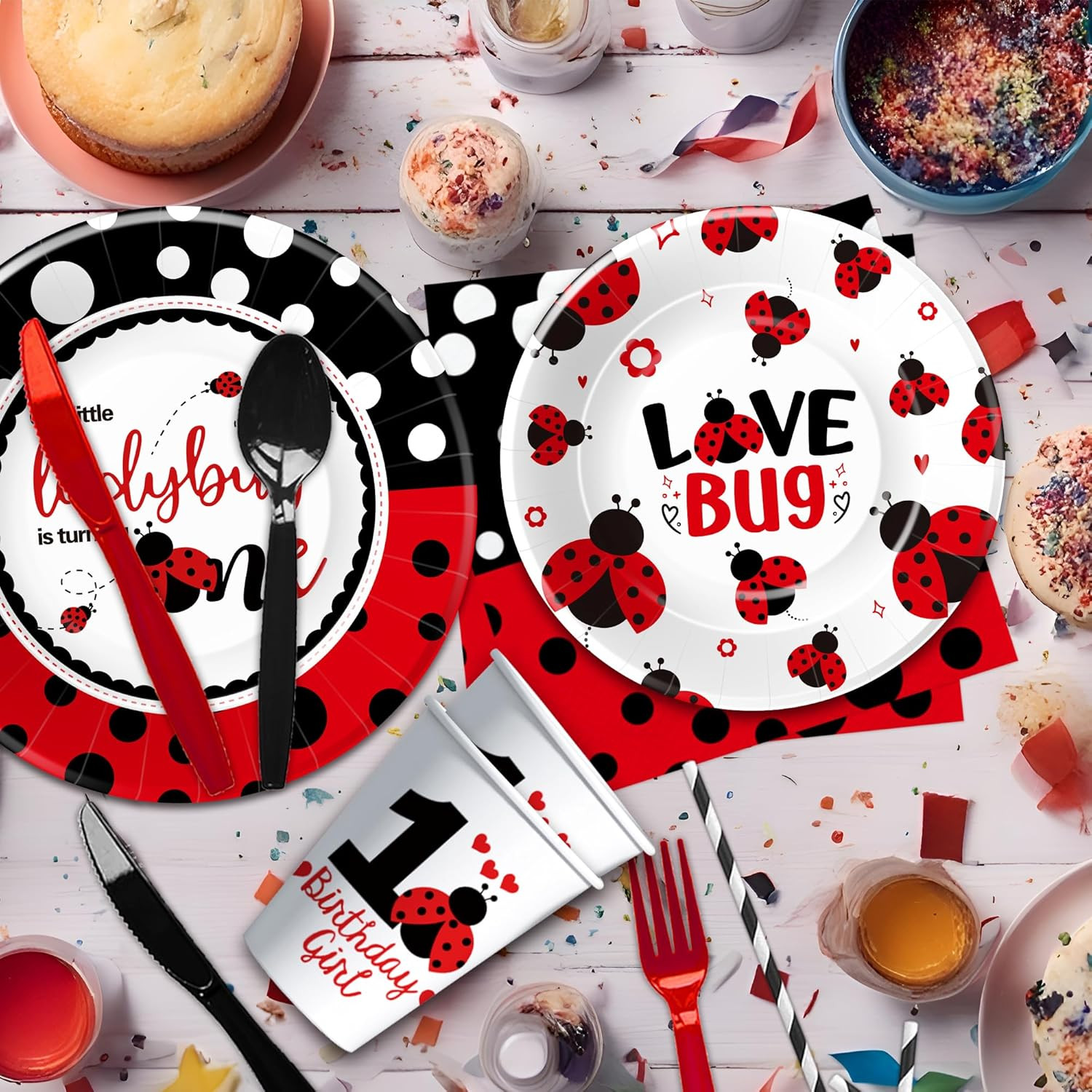 Ladybug 1st Birthday Party Supplies Set Tableware Kit for 24 Guests