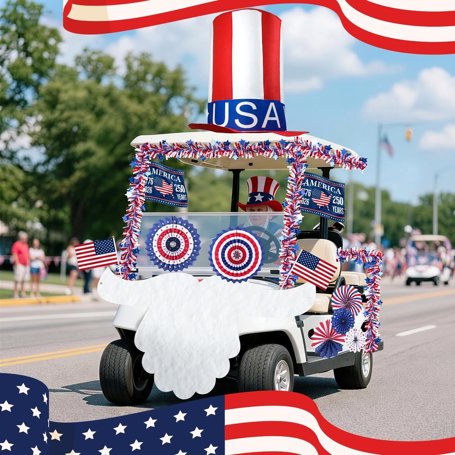 Patriotic 4th of July Golf Cart Decoration Kit – Giant Hat, Beard, Tinsel & Flag