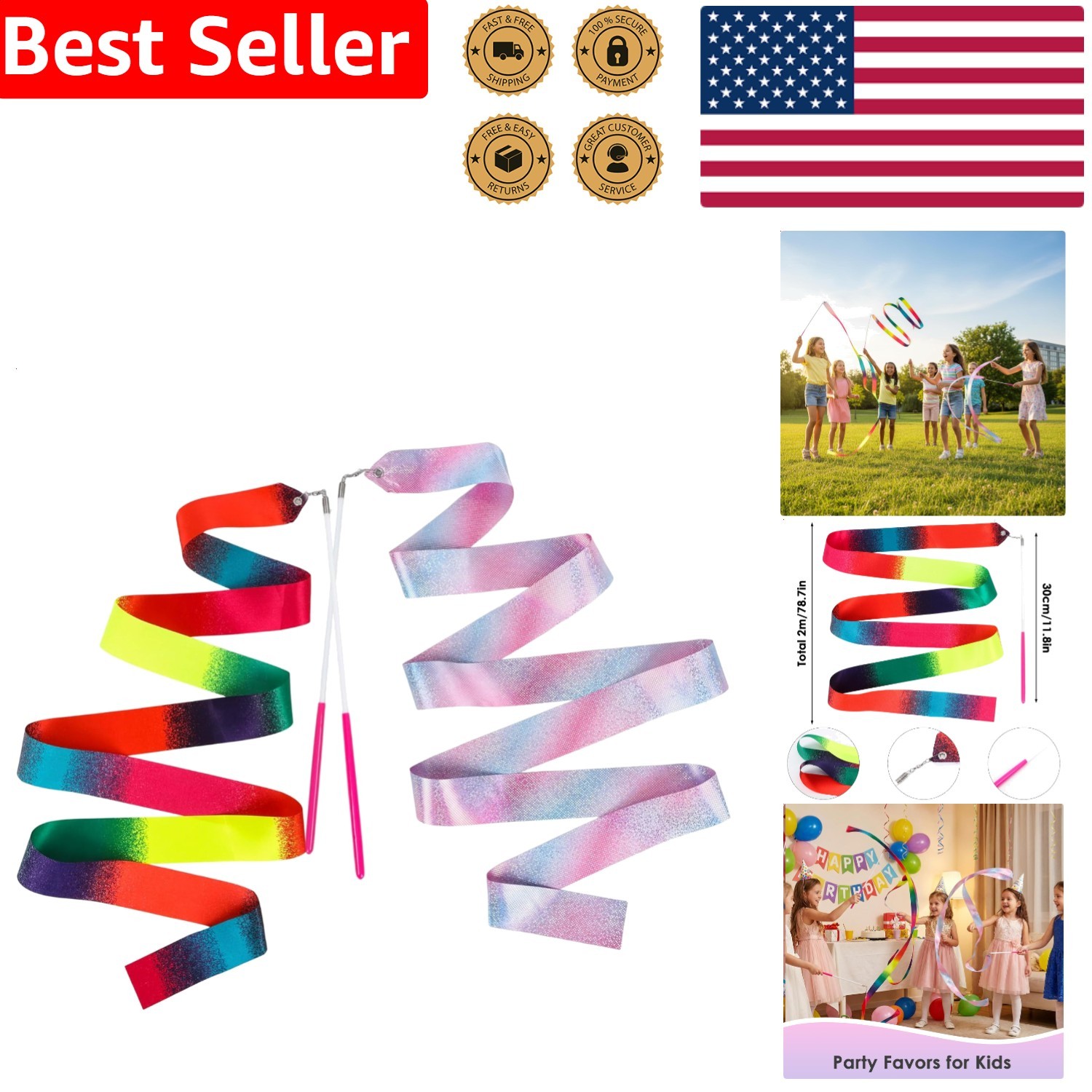 2pcs Rainbow Ribbon Wands for Kids, Gymnastics Dance Streamers, Twirling Art…