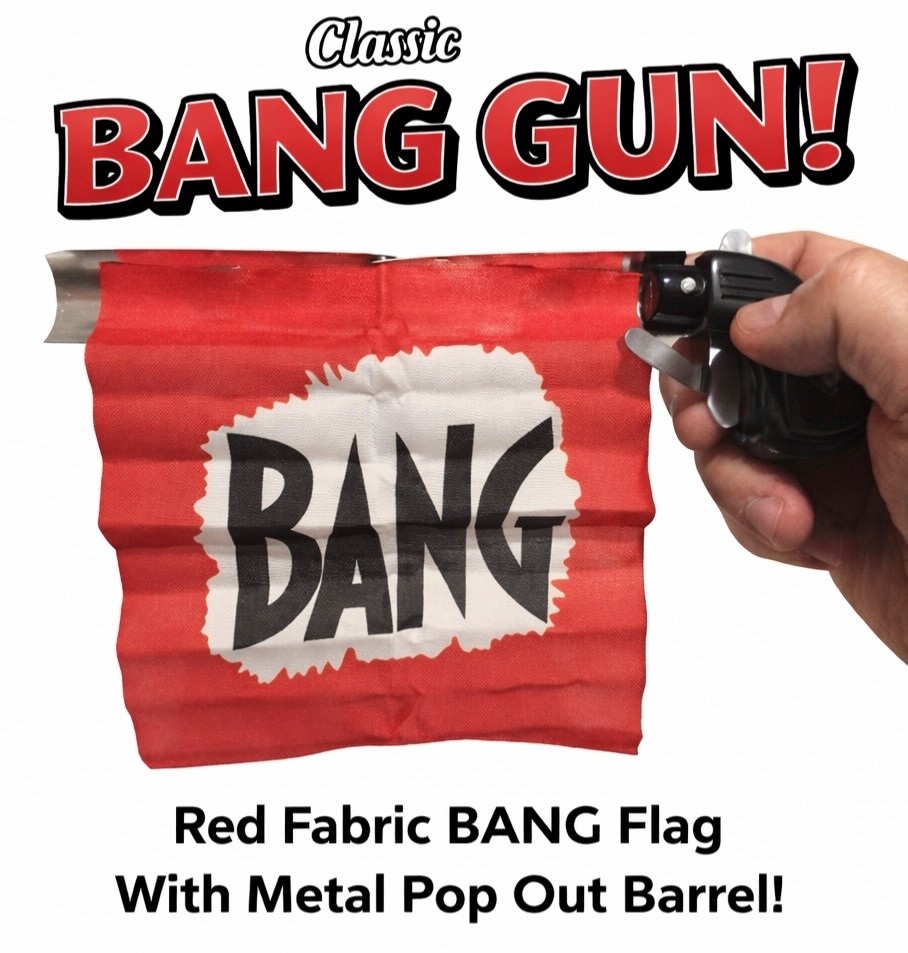 1 BANG GUN RED FLAG Clown Comedy Gag Toy Joke Stage Prop Joker Fake Metal Pistol