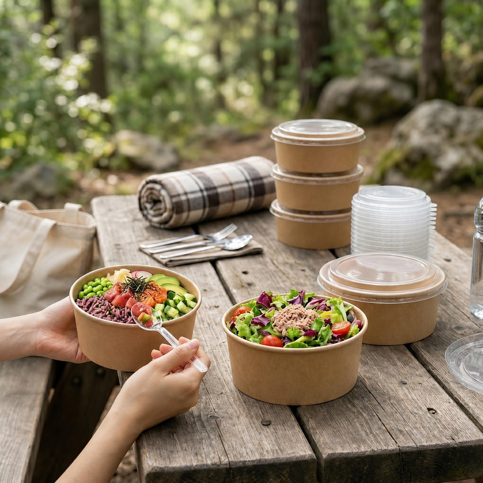 50 oz Kraft Disposable Food Containers with Lids (20 Pack), Round Natural Bro…
