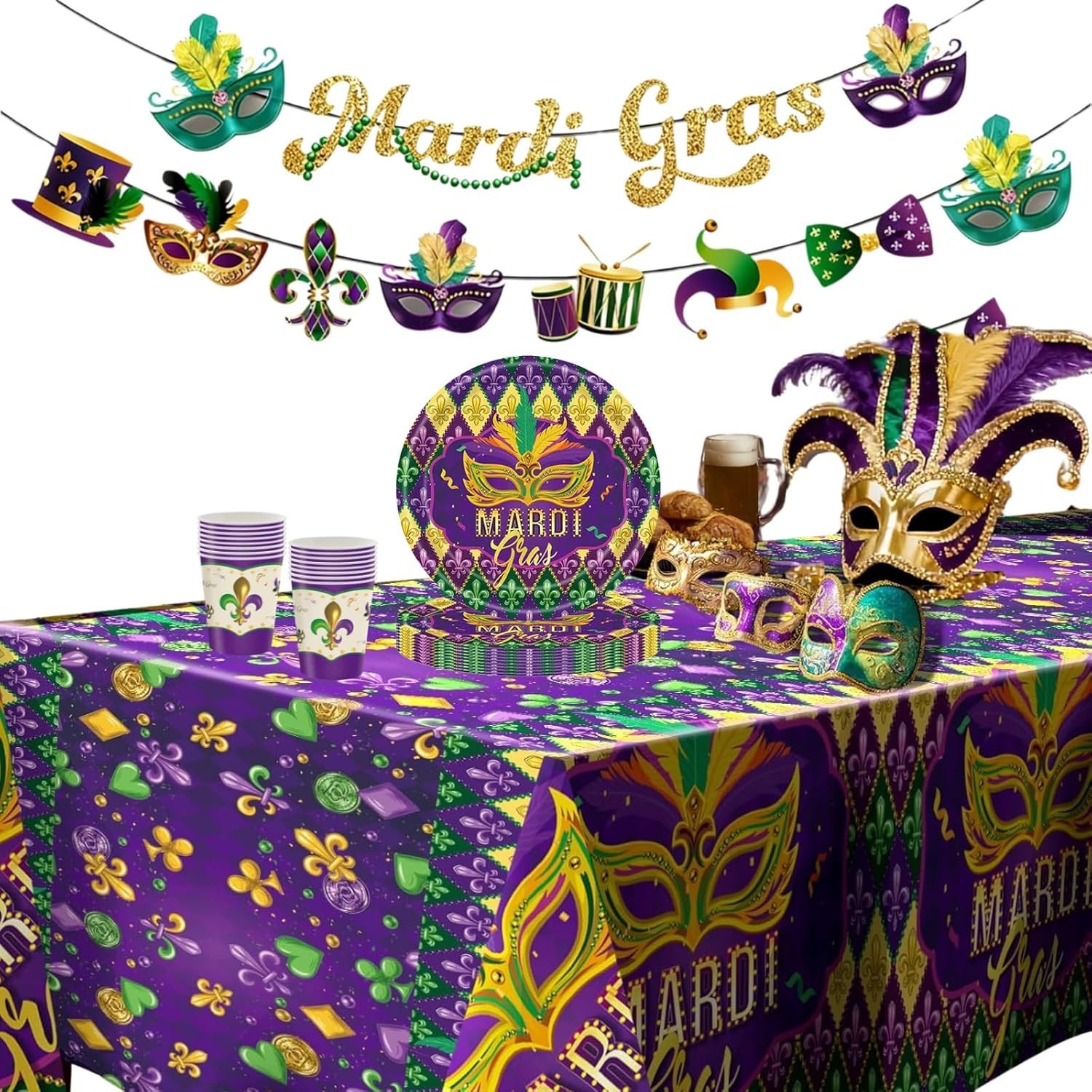 Mardi Gras Disposable Contemporary Multicolor Set (Plates, Napkins, Tablecover)