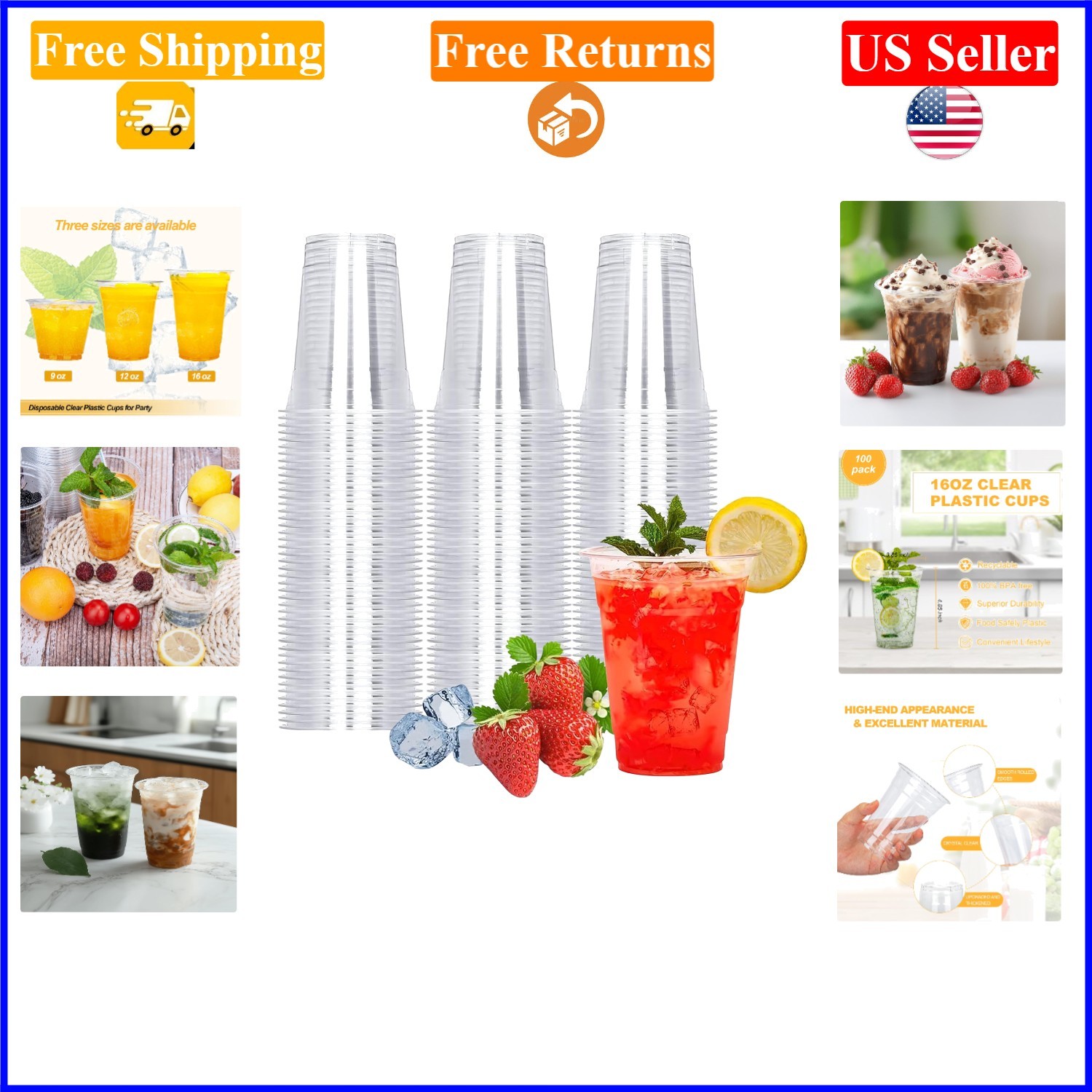 100 Pack 16oz Clear Plastic Coffee Cups – Cold & Hot Drinks, Reusable