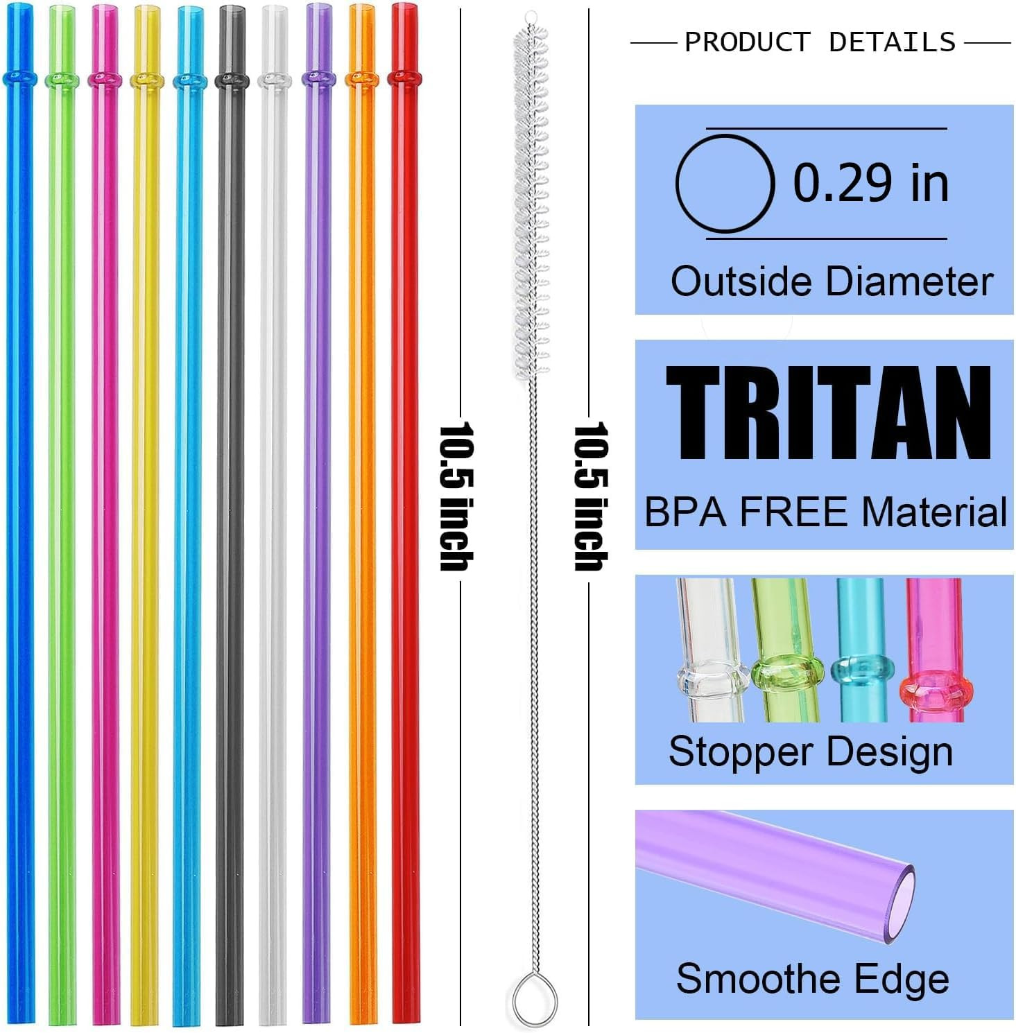 10.5 in Long Reusable Plastic Straws with Brush, Tritan Hard Plastic Tumbler Str