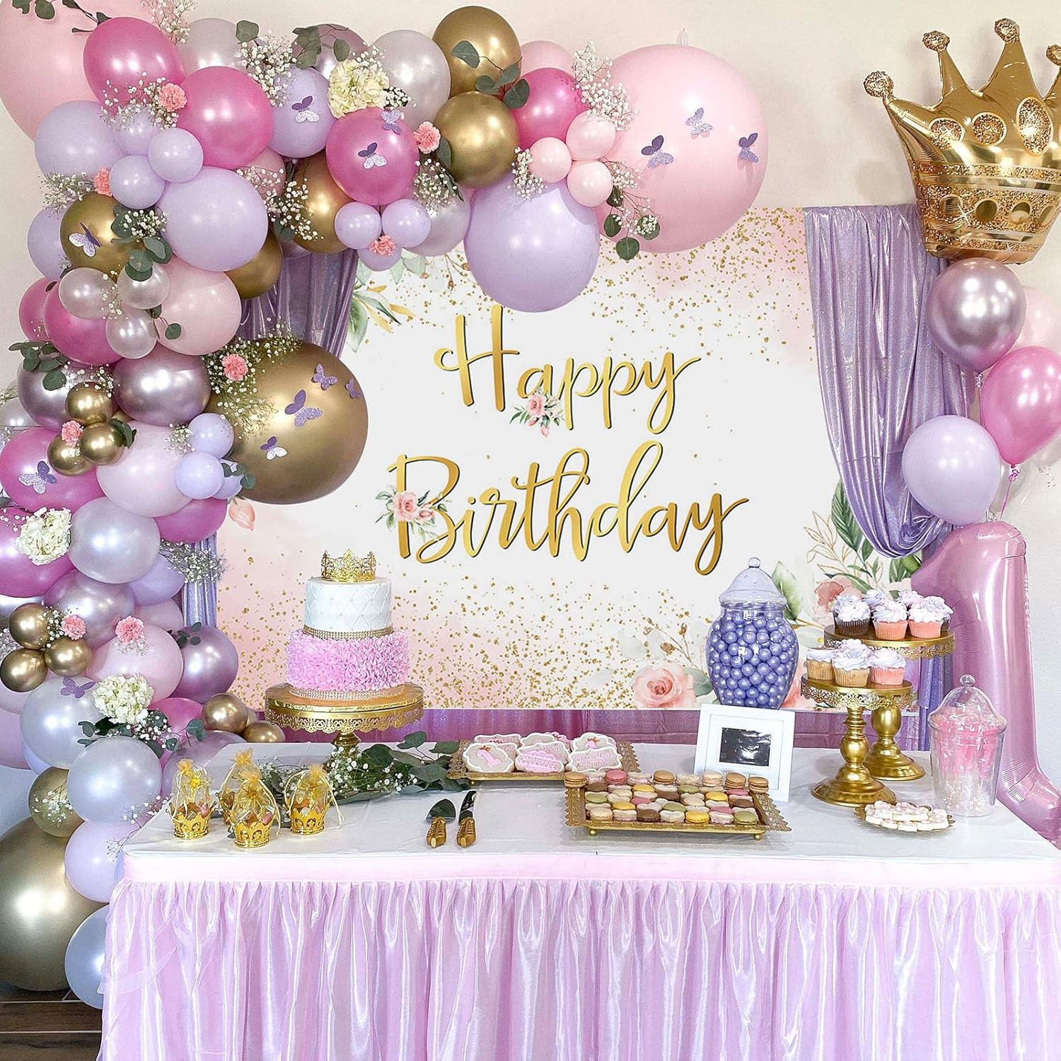 Rose Gold Birthday Backdrop for Women Pink Floral Golden Flash Happy Birthday Pa