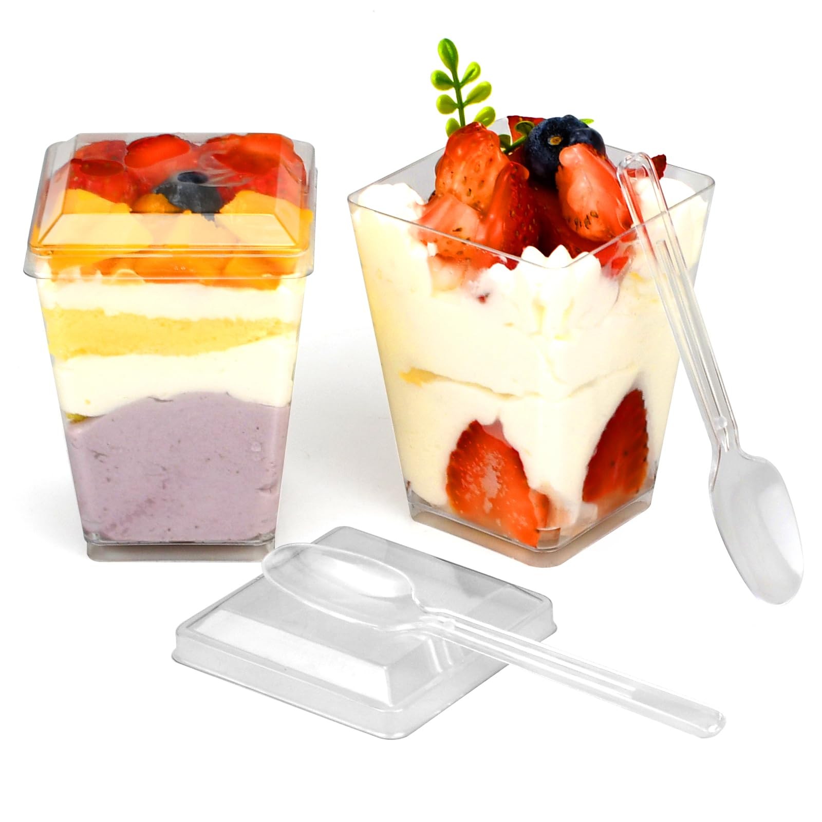 50 PCS 5 Ounce Transparent Square Dessert Cups Lids Spoons Plastic Mini Bowls
