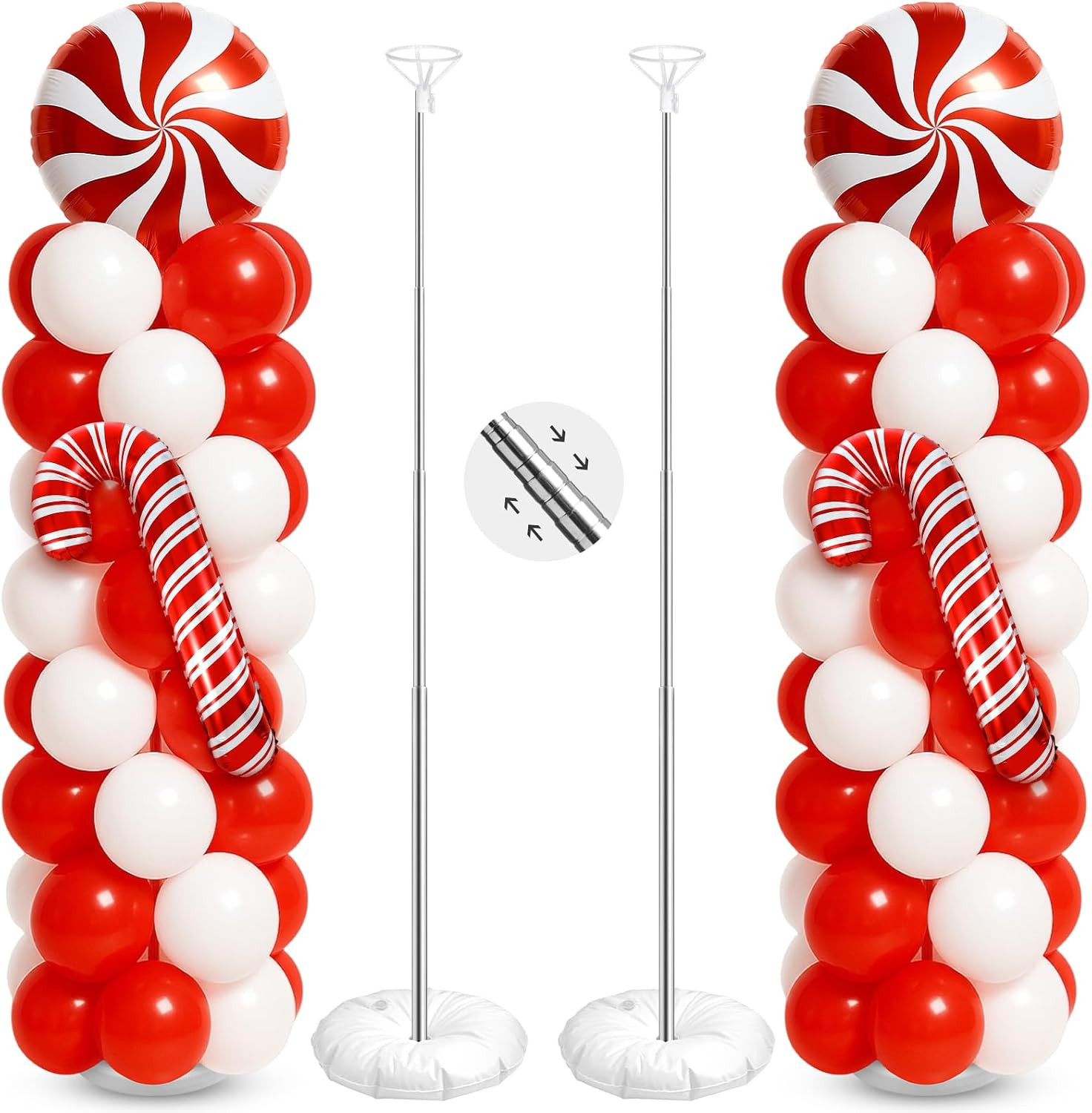 Kinlop 2 Sets Christmas Balloon Column Stand Kit with Candy and Candy Cane Foil